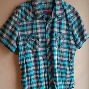 Arizona Jean Company Men's Teal and Gray Checkered Western Shirt